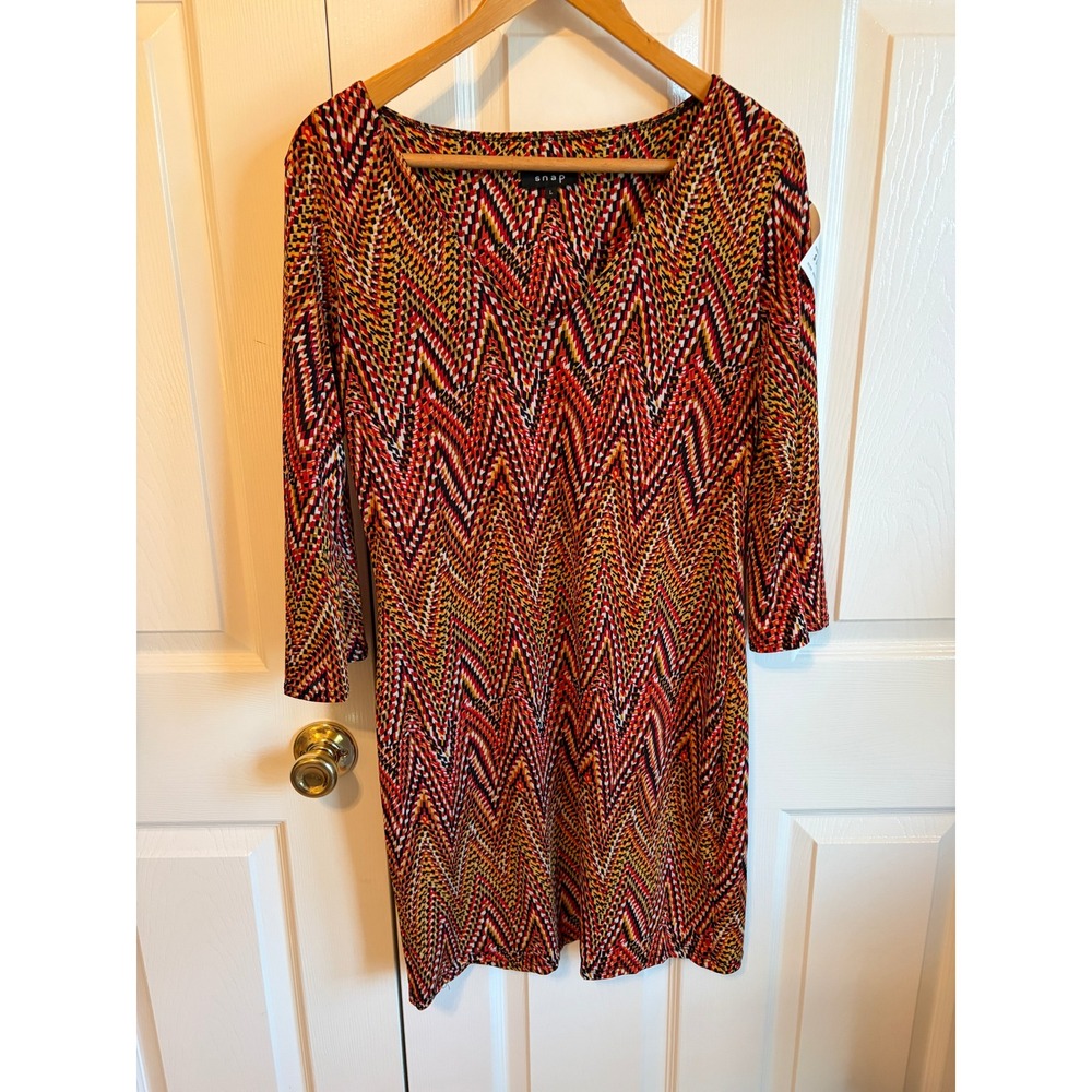 Snap Womens Geometric Chevron V-Neck Shift Dress 3/4 Sleeve Red Orange Large